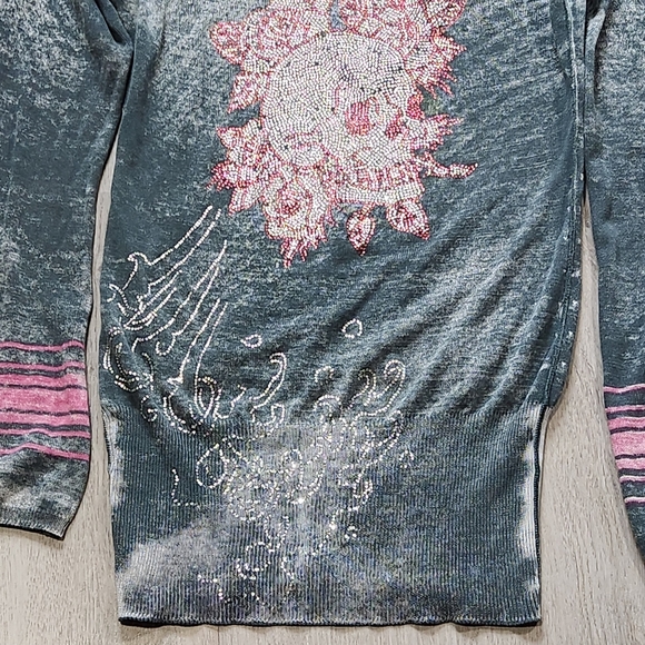Vintage Y2K Ed Hardy Rhinestone Skull Hoodie Long sleeve Women Small Grunge Top - Picture 8 of 11